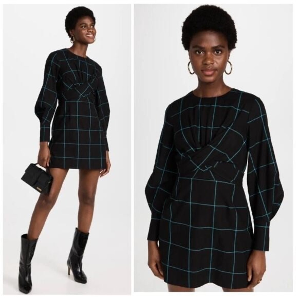 NWT STAUD Crosshill Cut-Out Windowpane‎ Mini Dress Black Teal XS